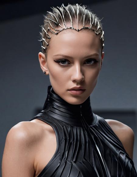 Techwear fashion <lora:Alexander McQueen-art deco-000005:1>,Alexander McQueen,art deco,dress,, hair, forehead, eyebrows, eyes, nose, lips, neck, collarbone, . Futuristic, cyberpunk, urban, tactical, sleek, dark, highly detailed