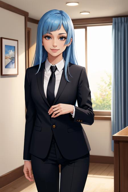 (masterpiece, best quality:1.2), solo, 1girl, miwa kasumi, smile, looking at viewer, formal, suit, necktie, long sleeves, black pants <lora:jjk_miwa:1>