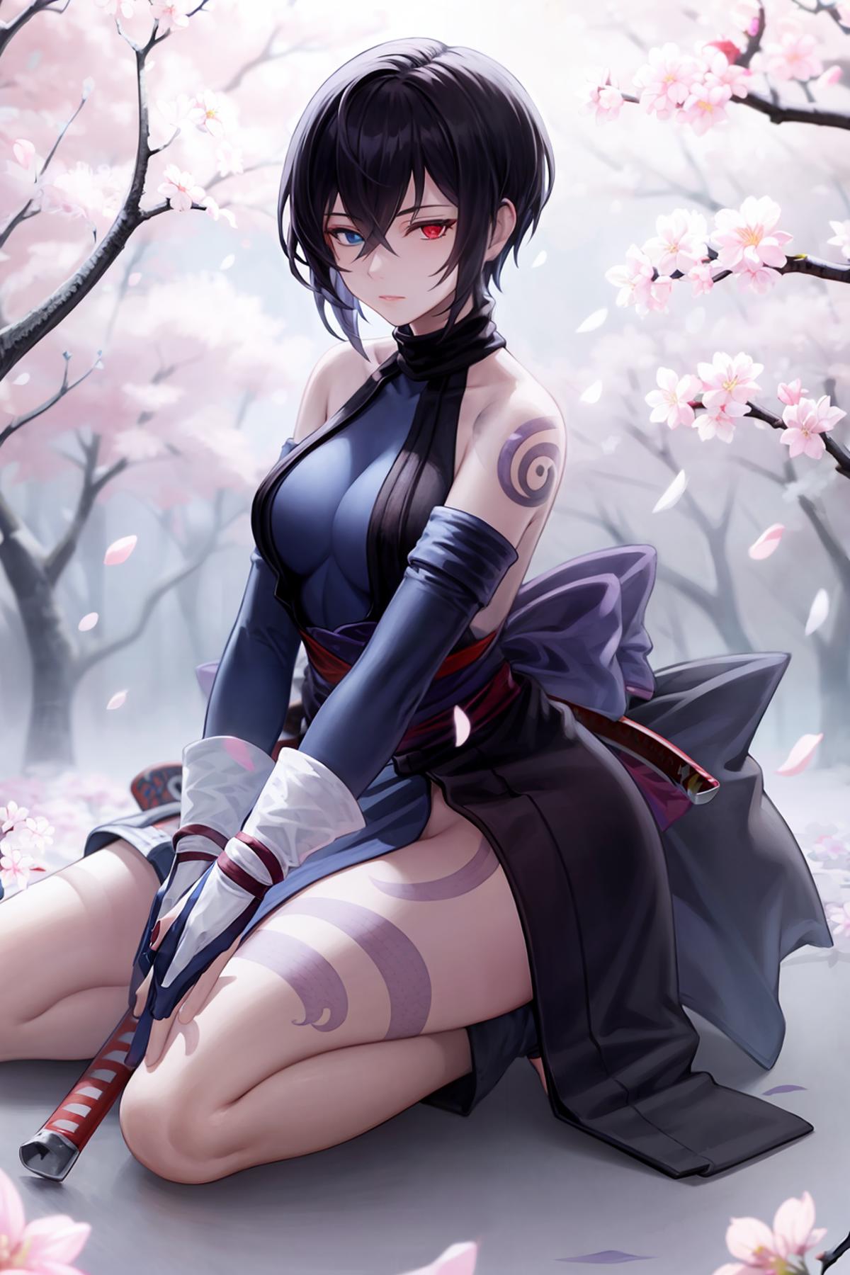 anime girl with short black hair and sword