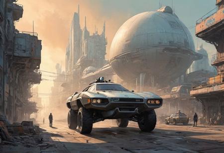 linquivera, liiv1, on parchment, style of ((Ralph McQuarrie and Syd Mead)), a digital painting depicting a futuristic cityscape. In the foreground, there's a worn classic (futuristic unconventional concept vehicle), (groundvehicle), xuer dieselpunk, vehicle focus, ground vehicle, there's a worn classic (futuristic unconventional concept sports vehicle) with a long hood and pop-up headlights, giving it an appearance reminiscent of the late 20th-century designs, yet more futuristic and with a worn and rugged look suggesting age or use in a dystopian setting. The car is detailed with dirt and weathering, and it has a matte, metallic finish.  cloud, sky, The city around it is composed of tall, slender buildings with (cyberpunk-style architecture), featuring protruding structures and neon lights. In the hazy sky, (airships or futuristic vehicles) float above, hinting at advanced technology and a busy urban atmosphere. The color palette is predominantly (desaturated tones of beige and blue), 
with bright colored foreground subjects, with the scene set against a backdrop of what could be a smog-filled sky, creating a sense of depth and scale. The artwork combines elements of nostalgia with speculative future technologies, presenting a visually rich, sci-fi environment.