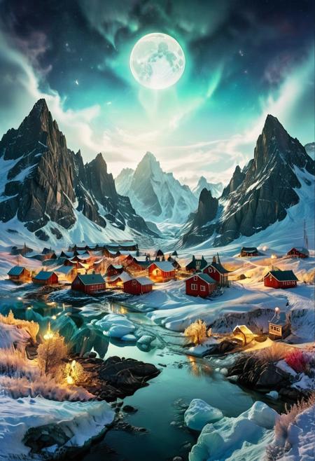(by Ellen Jewett:1.5), (Bioluminescent Impressionism, Greenland  landscape, The Dreamland,, their peaks veiled in mist. mixed media, surrealism, great lighting, A surreal landscape highly detailed . extremely high-resolution details,  appears trapped in an optical illusion of reflections and refractions colorful , mountains and village in Greenland, professional photography, natural lighting, volumetric lighting maximalist. intricately detailed, complex, elegant, expansive, fantastical,snow, ice, night, moon,  ethereal landscapes, depth of field, biotech emotion:1.3) <lora:xl_more_art-full_v1:0.5> <lora:add-detail-xl:1> <lora:RMSDXL_Creative:2>. GhostlyStyle
