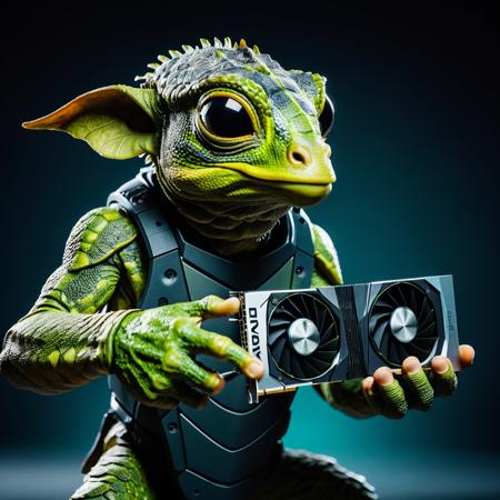 crocodile hold a  NVidia RTX 4090 graphic card in his hand, fantasy ,