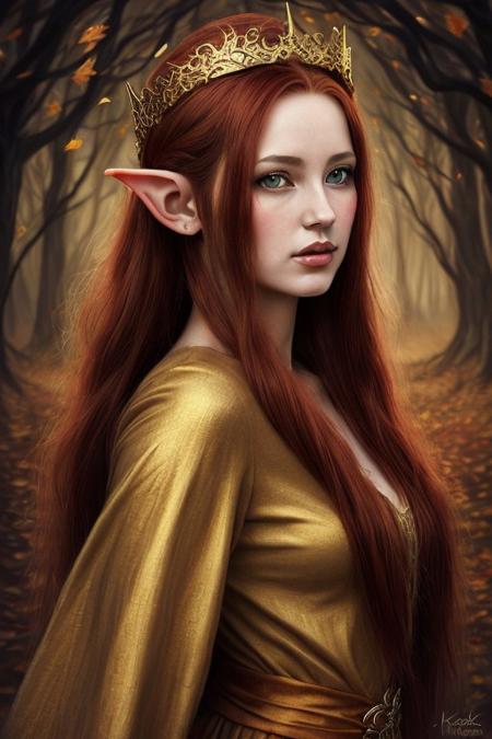 a woman with long red hair wearing a golden dress and a crown, beautiful autumn spirit, goddess of autumn, autumnal empress, beautiful fantasy maiden, beautiful maiden, beautiful fantasy art portrait, lovely dark autumn princess, beautiful fantasy art, karol bak uhd, fantasy woman, beautiful wood elf, beautiful elven princess, beautiful fantasy portrait, elf long weaving brown hair