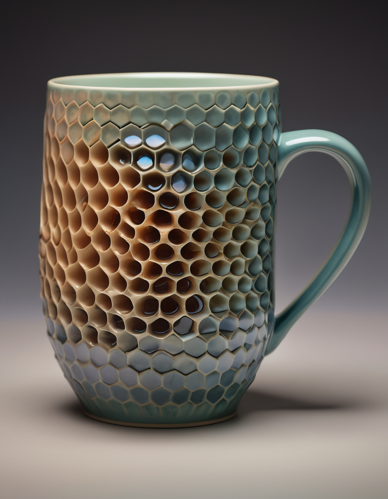 a ceramic coffee mug of a Lush Contemporary Honeycomb, split diopter, Peaceful, Gel lighting, Muted Colors, art by Wolfgang Lettl