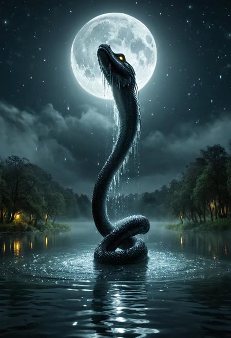 , tearStyle2, colossal water serpent rising from a calm lake, glowing under moonlight, body twisting and morphing like a stream, droplets falling from its form, surrounded by mist, eerie silence, fantasy atmosphere