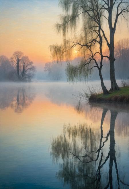 Atmospheric impressionist landscape of misty morning lake with lone willow tree reflecting in still water. Soft color transitions from warm sunrise sky to cool water surface. Broken color technique with visible brushwork, peaceful contemplative mood. Claude Monet inspired composition with emphasis on light and atmospheric effects.