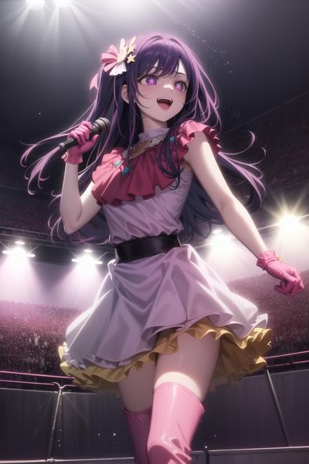 <lora:hoshino_ai_v0.1a:1>
hoshino ai, from below, star dress, singing, :d, happy, open mouth, stage, concert, stage lights, audience, pink dress, yellow collar, pink gloves, pink thigh boots, crowd, light particles, red heart brooch, (holding microphone:0.9),, masterpiece, best quality, highly detailed