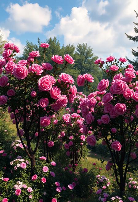 Dark pink rose trees in a lush garden, high-quality sharp images, hyper-realistic, cinematic lighting, vivid colors, detailed textures, blooming flowers, masterpiece digital painting by Anna Dittmann and Maxfield Parrish, 8k resolution, highly detailed.