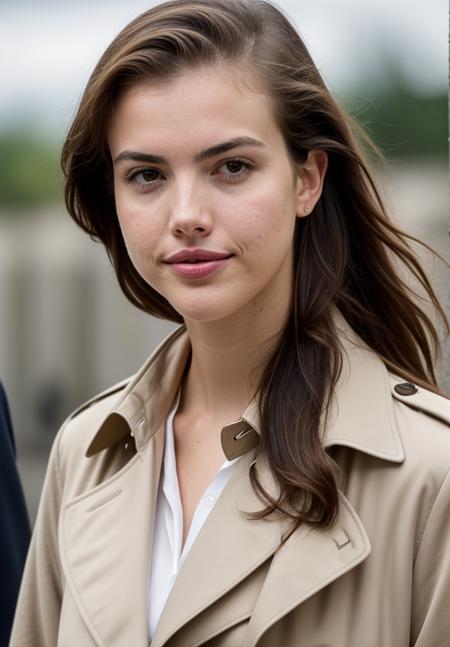 RAW close up portrait photo of alexandrabotez-ti, natural lighting, 8k uhd, dslr, high quality, film grain, Fujifilm XT3, by Andreas Gursky, Trench coat and ankle boots, casual clothing, well dressed