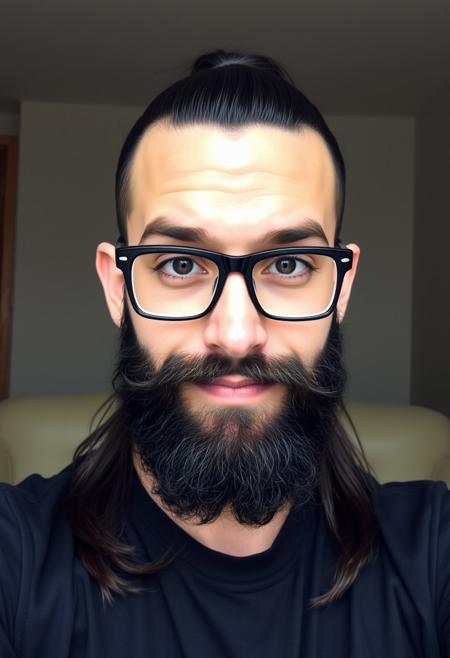Selfie of a 32 year old male, attractive face, white, American, [Mexican], long dark hair with shaved sides, hair in a ponytail, [sad eyes], brown eyes, small nose, (full lips), thick long groomed beard, iphone camera picture, digital photograph, black rectangle glasses. confident face, [smille], wearin a black shirt,