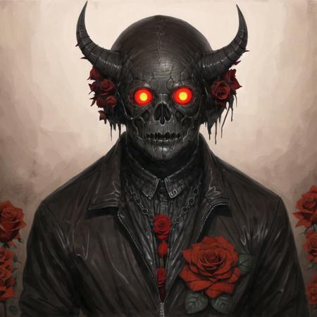 <lora:arielp:1.0>, 

(arielpstyle:1.0), dark, horror, creepy, creepy-looking, painting, lovecraftian, 

ameinu, black hair, black jacket, brown hair, demon, flower, highres, jacket, orange eyes, red flower, red rose, rose, shirt, short hair, white shirt