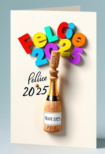 2025 greetings card. 3d, colorful, with a champagne Cork popping out toward the viewer with the exact words "Felice 2025 da Tony"
