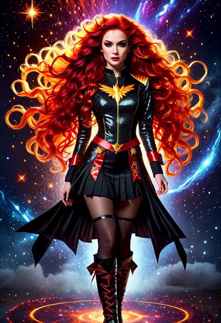 create a full length portrait of a Whimsical 35 k ultrarealistic gothpunk beautiful Dark Phoenix with long curly dark red hair with orange highlights, coherent delicate detailed face, wearing a red uniform, black boots, decorated with glitter, sparkles,ribbons, and intricate patterns, space splash background, golden ratio