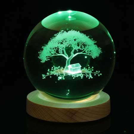 a crystal ball with a treehouse inside of it, green night light, warm ambient light<lora:CrystalBall_1.0:1>