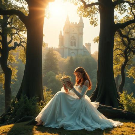 A beautiful princess sitting gracefully beneath towering ancient trees, reading a book in her lap. Sunlight filters through the dense forest canopy, casting soft golden rays on her flowing gown. In the distant background, a majestic and grand stone castle rises above the treetops, partially veiled by morning mist. The scene is tranquil, magical, and fairy tale-like, with rich natural colors, detailed textures, and a cinematic depth of field. High fantasy, ultra-detailed, 4K, storybook illustration.