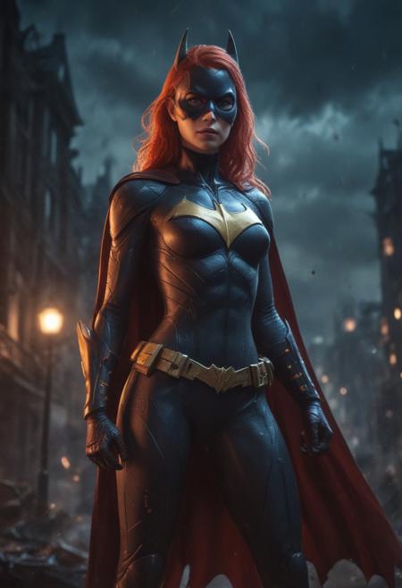 High resolution ultra-realistic of beautiful realistic  Batgirl is fighting a battle, cinematic style, standing on a bloody and stormy battlefield in a fighting pose, bloody massacre, realistic modern combat costume, black mask, red cape, perfect athletic figure, wavy red hair, handsome dirty bloody face, beautiful perfect detailed pupils, wet oily shiny skin, covered in dirt and blood, beautiful firm Breasts, defiant and seductive, sexy 20 year old girl, 8k resolution concept art portrait by Greg Rutkowski, Dark Gotham City, realistic blue eyes, full body, Artgerm, WLOP, Alphonse Mucha, dynamic lighting, hyperdetailed, intricately detailed, Splash art trending on Artstation triadic colors, Unreal Engine, 5 volumetric lighting, Cinematic Lighting, intricate, smooth, sharp focus digital painting, Asymmetrical Balance, painting, dynamic lighting