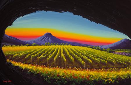 (style of Josh Adamski:1.05), a painting,scenery,scene painting, stand ,clump ,vineyard ,ranch ,terrace , Lava Tube ,