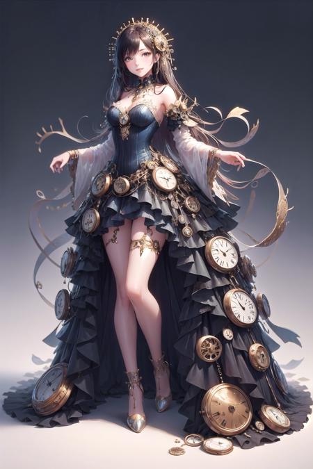 <lora:wrenchclockworkcharm:1>, wrenchclockworkcharm, long hair, gown, full body, solo, light smile, simple background, blue dress, layered dress,