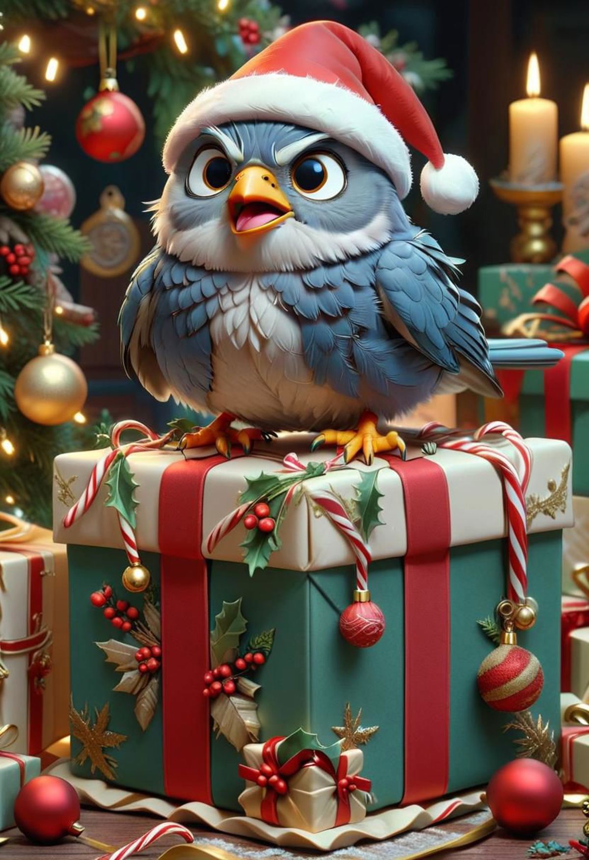 A blue and gray bird wearing a Santa hat sitting on top of a gift wrapped in red and white ribbon.