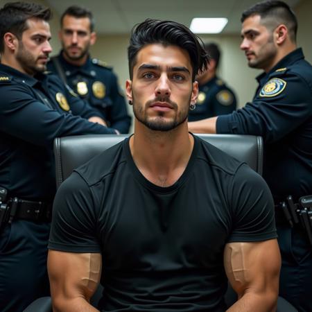 a realistic photo, hdr, of a beautiful 18yo bodybuilder Italian man in a tight fitting black capped sleeved T-shirt with a plunging neckline showing off his massive pecs. He has bright blue eyes, black hair, earrings, narrow waist and he is sitting back in a chair in a police station surrounded by male cops