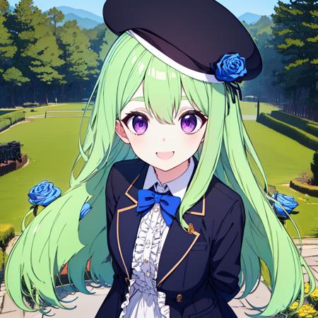 <lora:ennafol_v2:.8>,best_quality,masterpiece,green_hair,purple_eyes,very_long_hair,((blue_rose)),dress_shirt,black_jacket,frills,collared_shirt,forest,outdoors,baret,black_headwear,blue bowtie, long_sleeves,collared,,black thighhighs, black_legwear,smile,:D,open_mouth,((open_clothes)),(center_frills),frilled dress, (from_above),looking at viewer,arms behind back,baret,ennafol,black_jacket,coat, open jacket,generaloutfit,white dress