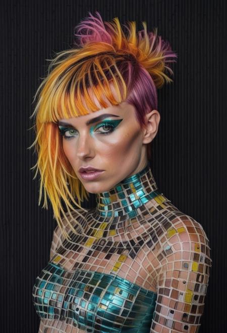 The image is a high-resolution photograph of a young woman with a striking, avant-garde appearance. The subject is a person with a pale complexion and a distinctive hairstyle featuring long, wavy hair with vibrant orange and pink highlights. Their hair is styled with a fringe that frames their face and features two long, black extensions with a feathered texture.
The image is a photograph showcasing a fashion-forward outfit worn by a person with a dark skin tone. The subject is dressed in an avant-garde, futuristic ensemble. The top is a translucent, teal-colored, semi-sheer fabric with horizontal stripes, creating a layered, almost armor-like appearance. The fabric is glossy and reflective, giving it a high-tech, metallic sheen.
The image is a photograph featuring a person with a striking, avant-garde hairstyle and outfit. The subject is a woman with a bold, vibrant yellow hair color that has a striking contrast with her dark roots, creating a striking, almost tribal pattern. Her hair is styled in a blunt, straight cut with bangs that cover her forehead, adding to the dramatic effect.