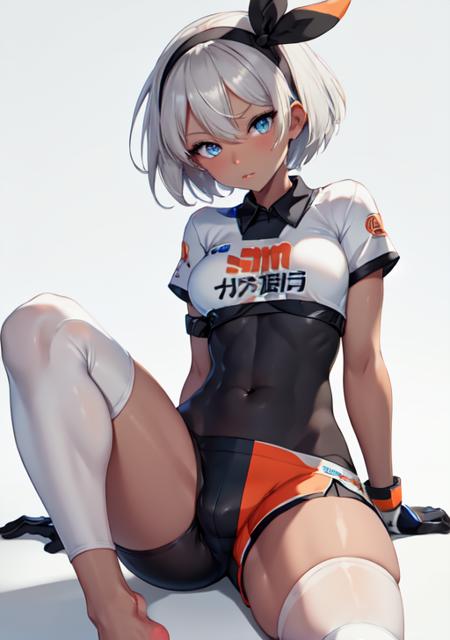 <lora:bea:0.7>, bea,1girl, solo, breasts, looking at viewer, short hair, bangs, blue eyes, shirt, gloves, holding, short sleeves, grey hair, hairband, parted lips, shorts, collared shirt, dark skin, feet, dark-skinned female, grey eyes, bodysuit, covered navel, toes, soles, black hairband, wristband, single glove, poke ball, black bodysuit, tied shirt, knee pads, print shirt, bodysuit under clothes, dynamax band, print shorts,