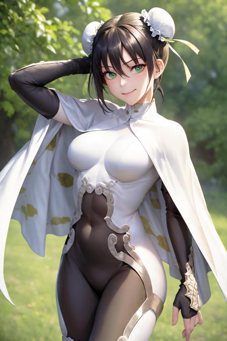 qin liangyu bun cover, double bun, green ribbon, green eyes, black hair, short hair, sidelocks, bodysuit,  white cape, fingerless gloves