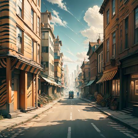 <lora:TigerstripeAI-15:1>TigerstripeAI bustling city street, 1920s, tiger striped buildings