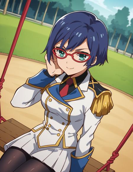 kasumi shigure, short hair, blue eyes, green eyes, blue hair, glasses, red-framed eyewear, medium breasts, skirt, pantyhose, necktie, uniform, black pantyhose, military, military uniform, epaulettes