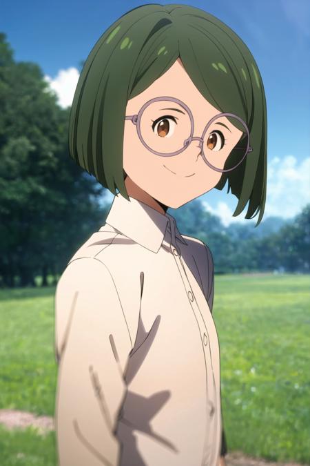 glida, neverland, 1girl, upper body, solo, looking at viewer, smiling, short hair, shirt, brown eyes, white shirt, outdoors, green hair, sky, glasses, day, collared shirt, cloud, blurry, tree, blue sky, depth of field, blurry background, <lora:Glida:0.8>