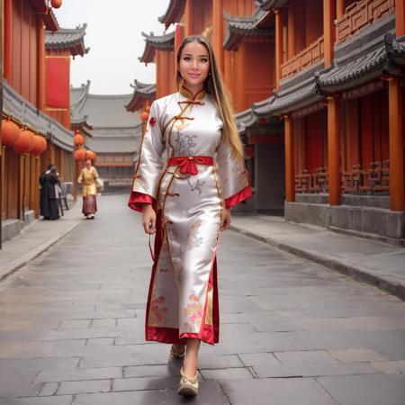 (((a woman wearing traditional chinese clothes while walking on a street, full body)))  <lora:TqlaAfinaaLora:0.8> 1girl, lips, realistic, solo, long hair, breasts, brown hair, medium breasts, blonde hair, nose, grey eyes, smile, tan, brown eyes, tanlines,