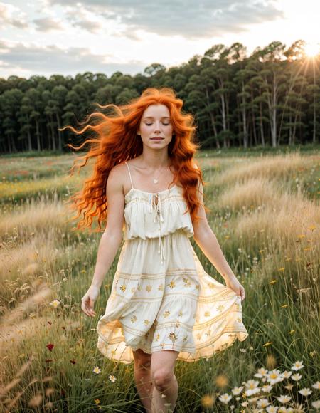A red-haired beauty walking barefoot through a field of wildflowers, her flowing cream-colored sundress skimming the tops of the tall grass. Her fiery locks cascade down her back as she gently brushes her fingers through the petals. The golden sunlight catches her freckles, creating a soft and dreamy effect. High-resolution, ethereal atmosphere, soft natural light.