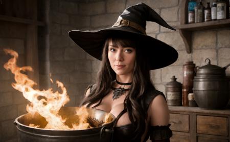 (ultra photorealistic:1.2) high quality RAW cinematic closeup body portrait photo of a cute American witch in a medieval fantasy alchemy workshop at night, standing over a cauldron, (exposed small breasts:1.2), fire under the cauldron smokes, naughty smile, dreamy eyes, face asymmetry, (hands on head:1.2), (witch hat:1.1), dramatic Spotlight lighting, strong shadows, key light, backlit, photography 600mm lens canon f1.8, art photographer, movie still poster,  highly detailed intricate, photo realistic analog