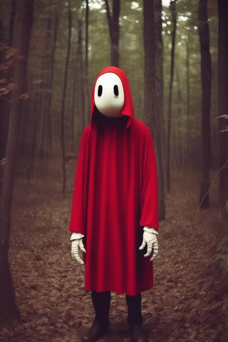 <lora:Christopher Ryan McKenney Style:1>Christopher Ryan McKenney Style - shy guy from Mario found in the woods, old photographs, like cryptid a. Shy guy mask realistic costume in the woods, dark robotic sorcerer in the woods with puppet masks and alien wizard math magic