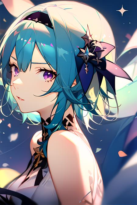 mastepiece, best quality, 1girl, eula \(genshin impact\), aqua hair, purple eyes, short hair, headband, hair ornament, looking at viewer, from side, <lora:askzy:1>, <lora:eulaMedium:1>