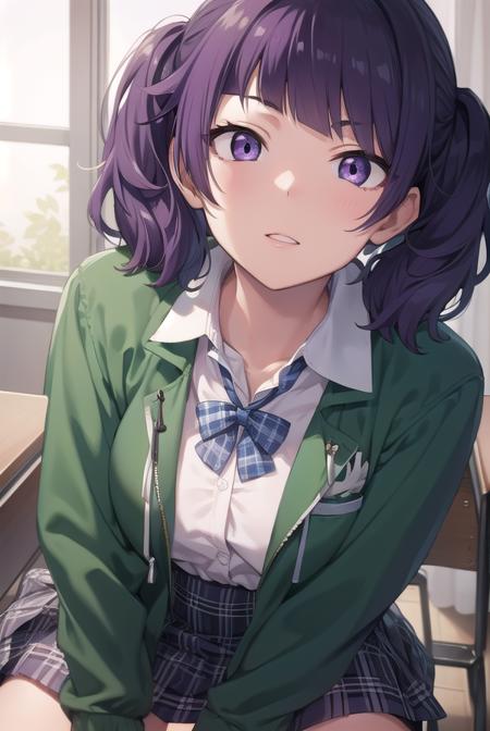 mamimitanaka, <lora:mamimitanaka-lora-nochekaiser:1>, 
mamimi tanaka, asymmetrical bangs, blunt bangs, diagonal bangs, (purple eyes:1.1), purple hair, twintails,
BREAK school uniform, jacket, green jacket, (jacket partially removed:1.5), shirt, collared shirt, white shirt, bow, blue bow, skirt, plaid, plaid skirt, pleated skirt, short skirt,
BREAK looking at viewer,
BREAK indoors, classroom,
BREAK <lyco:GoodHands-beta2:1>, (masterpiece:1.2), best quality, high resolution, unity 8k wallpaper, (illustration:0.8), (beautiful detailed eyes:1.6), extremely detailed face, perfect lighting, extremely detailed CG, (perfect hands, perfect anatomy),