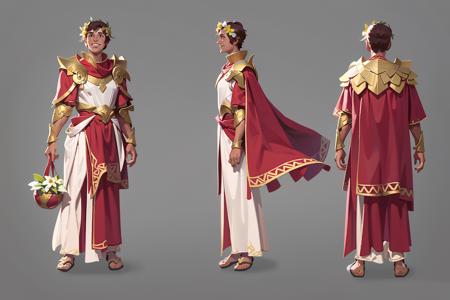 Back view, front view, side view, multi-view,Game characters,Original character design, hand drawn drawing, flower crown, greek clothes, one male _ focus, solo, red cape, cape, sandals, helmet, smile, white background, simple background, dark skin, full body armor, brown hair short hair, standing