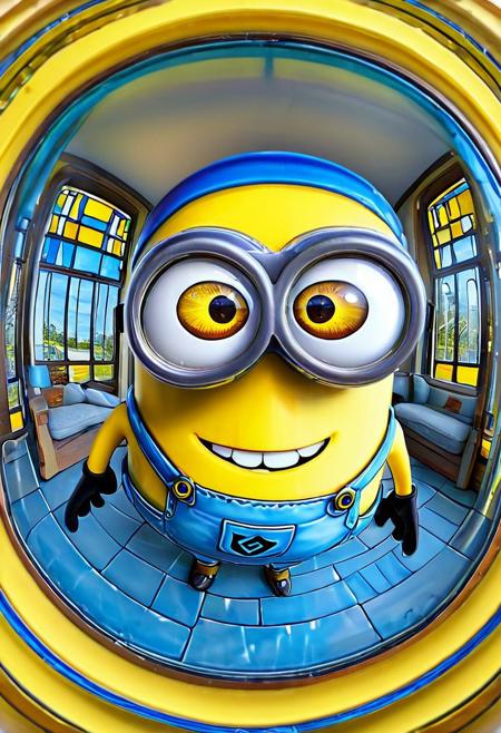 Stained glass illustration, ((novuschroma54 style)), Minion, Minion made of glass, Minion looking at viewer, selfie, arms out:2, smiling, MinionStyle, ultra-wide angle, 4mm fisheye, f1sh3y3,
