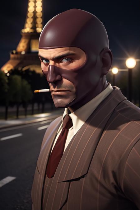 masterpiece, solo, portrait, tf2spy, redteam, cigarette, facial hair, detailed eyes, red suit, red necktie, glack gloves, front view, detailed background, outdoors, looking at viewer, night, paaris, eiffel tower, <lora:spylorav1:0.8>