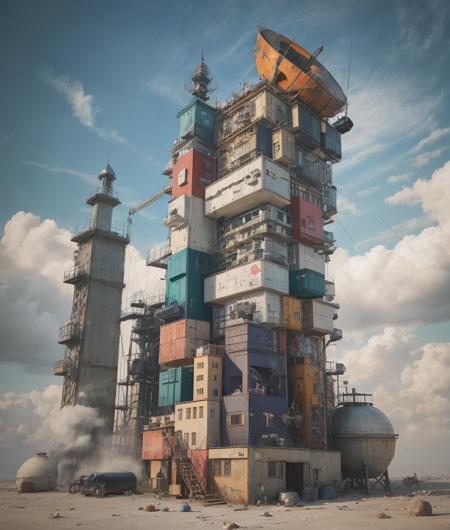 (masterpiece),(best quality),(cars:1.1),Container_building,(day:1.3),wheel,fantasy,surreal, flying,(in the sky:1.3),float,
pov,Industrial punk, steam style,Wasteland, post-apocalyptic world,
 <lora:KK_Container_building_v1:0.8>
Negative prompt: nsfw,EasyNegative,ng_deepnegative_v1_75t, (badhandv4:1.2), (worst quality:2), (low quality:2), (normal quality:2), lowres, bad anatomy, bad hands, normal quality, ((monochrome)), ((grayscale)) watermark,
Steps: 30, Sampler: DPM++ SDE Karras, CFG scale: 7, Seed: 3437830891, Size: 768x904, Model hash: d725be5d18, Model: 2插画_A1_revAnimated_v11, Clip skip: 2, ENSD: 31337, Hashes: {"vae": "c6a580b13a", "model": "d725be5d18"}