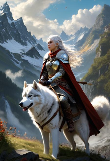 score_9,score_8_up,score_7_up,1girl,solo,white hair,armor,detailed,Huskies,riding,mountains,nature,fantasy,sunlight,dramatic lighting,scenic,epic,adventure,medieval,fur cloak,quiver,arrows,wilderness,sky,clouds,majestic,full body,intricate design,enchanted,surreal,high fantasy,
<lora:SDXLæå¶è¯¦ç»Lora:1>,æ´ä½ç»èOverallDetailXL,<lora:Ponyç»èè°è_DetailV2.0-Lora:1>,