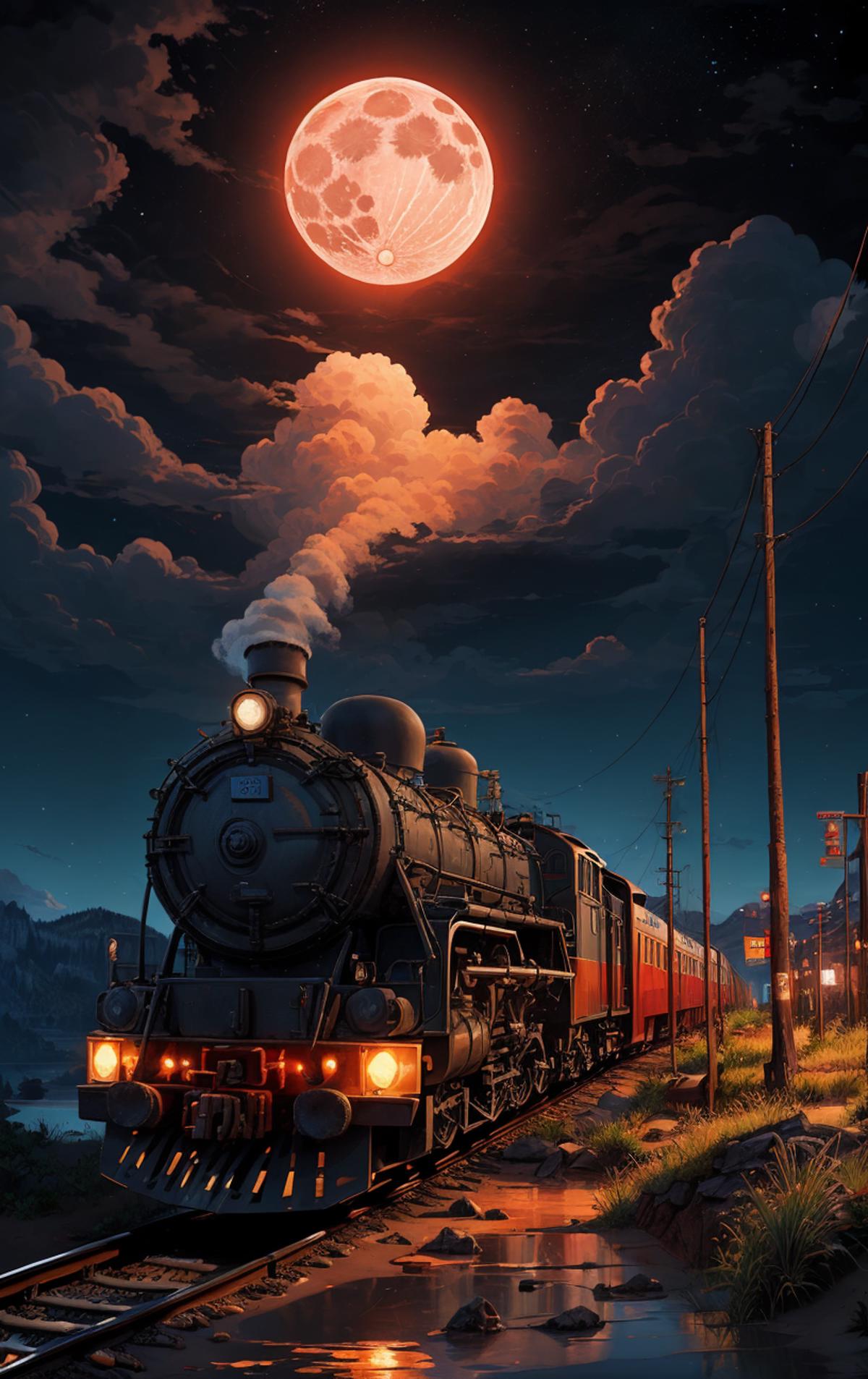 A black and red train on the tracks at night with a full moon in the background.