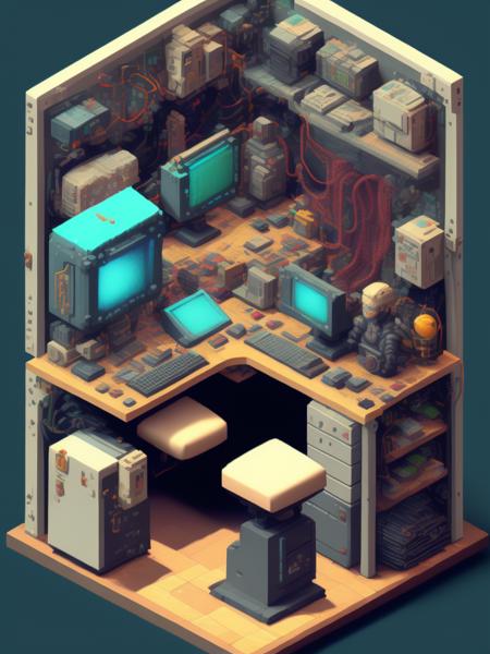 <lora:IsometricCutaway:1>isometric pixel art of mechanical engineer in cubicle, dual monitors, highly detailed, 3d render