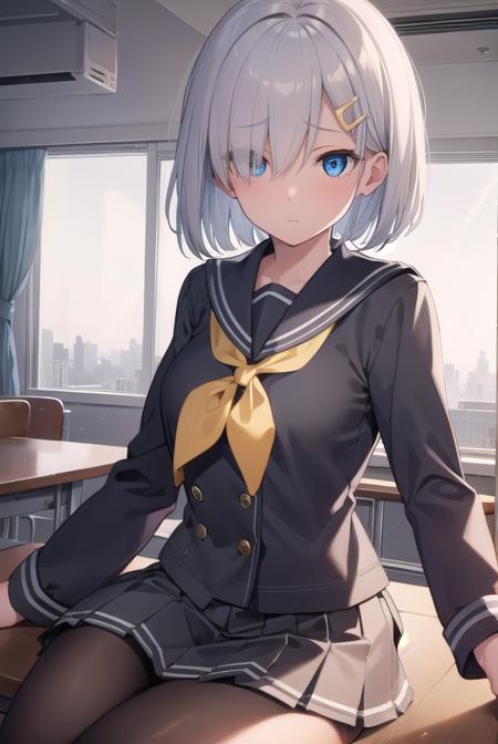 hamakaze, <lora:hamakaze-lora-nochekaiser:1>, 
hamakaze, blue eyes, grey hair, hair ornament, hair over one eye, hairclip, short hair, short hair,
BREAK black pantyhose, buttons, gloves, grey sailor collar, grey skirt, hairclip, neckerchief, pantyhose, pleated skirt, sailor collar, school uniform, serafuku, skirt, white gloves, yellow neckerchief,
BREAK looking at viewer,
BREAK indoors, classroom,
BREAK <lyco:GoodHands-beta2:1>, (masterpiece:1.2), best quality, high resolution, unity 8k wallpaper, (illustration:0.8), (beautiful detailed eyes:1.6), extremely detailed face, perfect lighting, extremely detailed CG, (perfect hands, perfect anatomy),