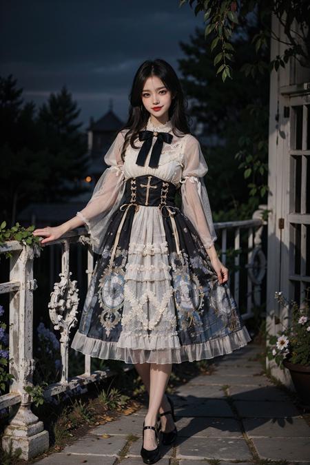 best quality, quality, masterpiece, photorealistic, 1girl, solo, looking at viewer, smile, full body, lo dress, bow, long sleeves, high heels, detailed background, in garden, flower, night, light, <lora:lo_dress_vol2_style6_v1:0.65>