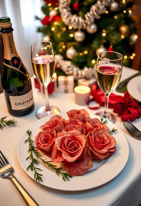 on the New Year's Eve dinner table with a plate with rosebuds consisting of petals made of thinly sliced meat, a bottle of champagne and two filled glasses, a Christmas tree with garlands in the background