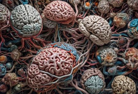 An (extremely detailed:1.0), vast, weird, chaotic dream landscape of crazy (genetically engineered) brains in a research lab.  (hyper-realistic), (overwhelmingly captivating), real intricately elaborate and (insanely strange:1.0) brain alteration with (incredibly absurd:1.0) brain anatomy. Random (Occult Chaos:1.0) brain nonsense. Hyper-detailed Photography