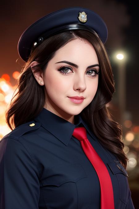 photo of a woman, lizgillies, ((necktie, shirt, police uniform, badge, dark blue shirt, police hat):1.2), ((closeup, portrait)),((outdoors, city, at night, fire, explosions):1.2),smiling, ((red lipstick, eyeliner, eye shadow, blush)), ((best quality, masterpiece, extreme details, high resolution):1.2),((detailed eyes, beautiful eyes, detailed face, beautiful face):1.2)