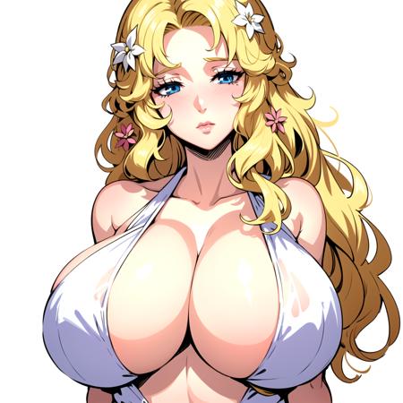 1girl, solo, blonde hair, huge breasts, hair ornament, bracelet, white dress, navel, hair flower, cleavage,jewelry, blue eyes,revealing clothes, wavy hair, upper body, <lora:Aphrodite:0.6>